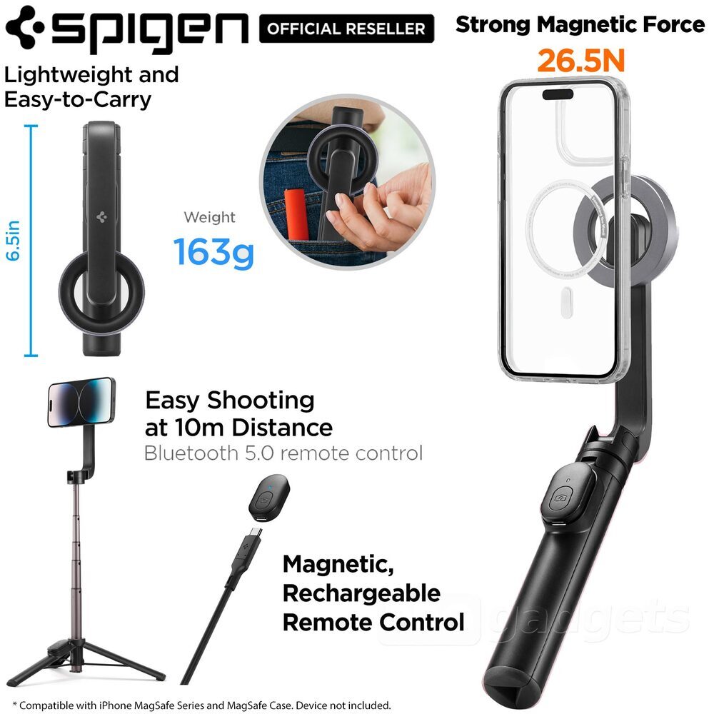 Spigen S582W Treppiede Selfie Con MagSafe E Telecomando Bluetooth: Si Estende Fino A 166 Cm, Testa Girevole 360°, Supporto Magnetico, Per Vlog E Viaggi