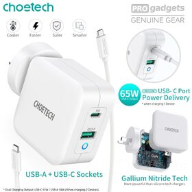 Choetech 2-Port PD USB Type C & QC 3.0 USB-A 65W Dual Wall Charger