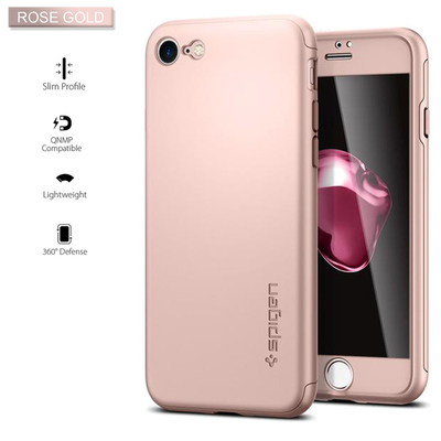 iPhone 7 Case, Genuine Spigen Thin Fit 360 Ultra Slim Thin Hard Cover + Tempered Glass Screen Protector for Apple [Colour:Rose Gold]
