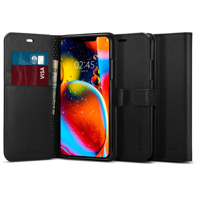 iPhone 11 Case, Genuine SPIGEN Flip View Wallet S Saffiano Stand Cover for Apple [Colour:Black]