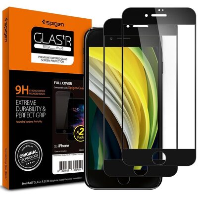 SPIGEN GLAS.tR Slim Full Cover 2PCS Screen Protector for iPhone SE 2022 / SE 2020 / 8 / 7 [Colour:Black]
