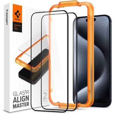 SPIGEN GLAS.tR AlignMaster Full Cover 2PCS Glass Screen Protector for iPhone 15 Pro [Colour:Black]