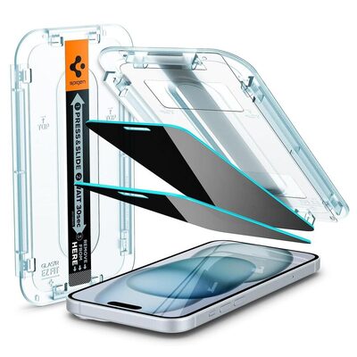 SPIGEN GLAS.tR EZ Fit Privacy 2PCS Glass for iPhone 15 / 16 Screen Protector [Colour:Black]