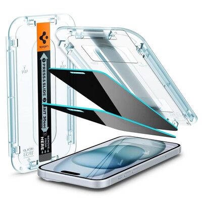 SPIGEN GLAS.tR EZ Fit Privacy 2PCS Glass Screen Protector for iPhone 15 [Colour:Black]