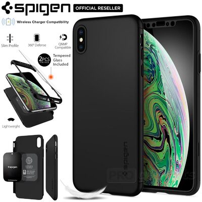 iPhone XS / X Case, Genuine SPIGEN Thin Fit 360 Slim Hard Cover + Tempered Glass Screen Protector for Apple