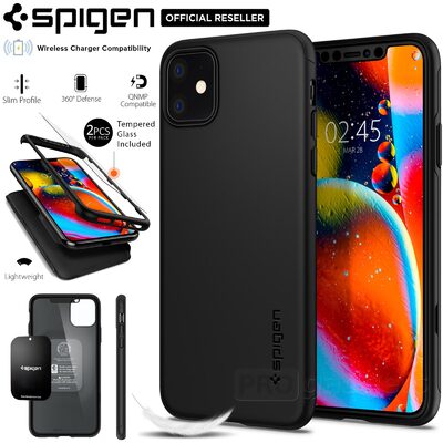 iPhone 11 Case, Genuine SPIGEN Thin Fit 360 Slim Hard Cover + Tempered Glass Screen Protector for Apple
