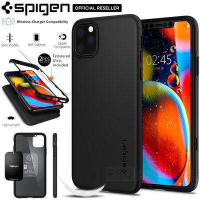 iPhone 11 Pro Case, Genuine SPIGEN Thin Fit 360 Slim Hard Cover + Tempered Glass Screen Protector for Apple