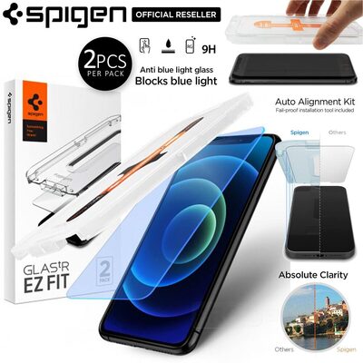 Genuine SPIGEN Glas.tR EZ Fit AntiBlue Tempered Glass for Apple iPhone 12 Pro Max (6.7-inch) Glass Screen Protector 2 Pcs/Pack