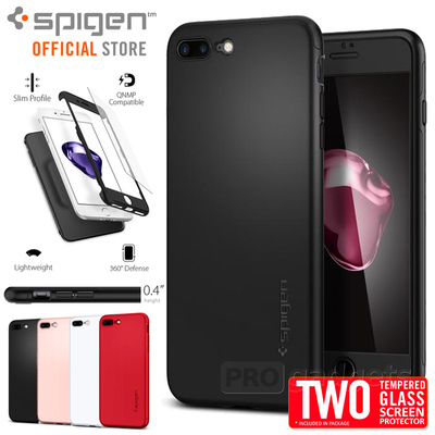 iPhone 7 Plus Case, Genuine Spigen Thin Fit 360 Ultra Slim Thin Hard Cover + Tempered Glass Screen Protector 